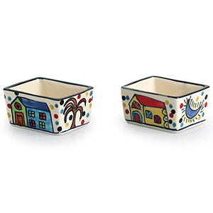 ExclusiveLane Two Dips of Hut Ceramic Chutney Serving Bowl Set (80 ML, Small, 2-Pieces, Multicolour,Cartoon), Standard (EL-005-471) - Home Decor Lo
