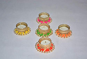 Diwali Decoration Tealight Candle Holders with Pearls, 5 Pcs Holders & 5 Tealight Candles Free/Made in India/Handcrafted/Great for Gifts, Navratri, Holi, Pooja/Festival Decoration Item (5 pcs + 5 Candles FREE) - Home Decor Lo