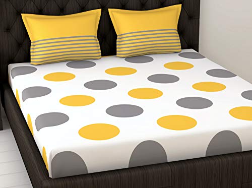 Loreto – A Quality Linen Brand 144 TC 100% Cotton Double Bedsheet with 2 Pillow Covers - Polka, Yellow & Grey - Home Decor Lo
