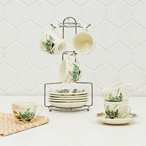 Home Centre Malvina Printed Tea Set - 6 Cups and 6 Saucers with Stand - Beige - Home Decor Lo