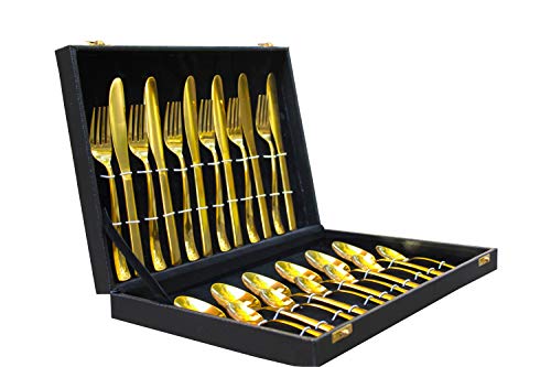 ULTIMA 24pcs Luxury Gold Plated Classic Cutlery Set Dinner Spoon Knives Fork Set Stainless Steel Tableware Dinner Set:, Gold with Black Gift Box - Home Decor Lo