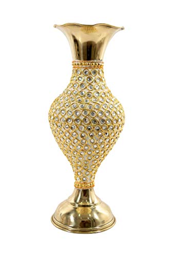 Skywalk Hand Crafted Metal Brass Flower Vase with Beads for Home Decoration (10 Inch, GOLD) - Home Decor Lo