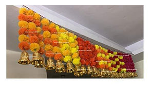 SPHINX Artificial Marigold Fluffy Flowers and Golden/Silver Hanging Bells Short Garlands/Torans/Wall hangings/Latkans for Decoration Approx 1.2 ft- Pack of 5 Strings (Yellow & Dark Orange) - Home Decor Lo
