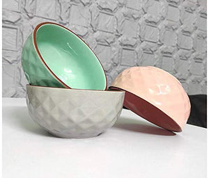 Octa Store Ceramic Soup, Cereal, Nuts, Salad, Fruit, Rice and Noodle Bowl 400Ml, 5.3 Inch Diameter Set of 3, Pink, Green, Grey. (Diamond) - Home Decor Lo