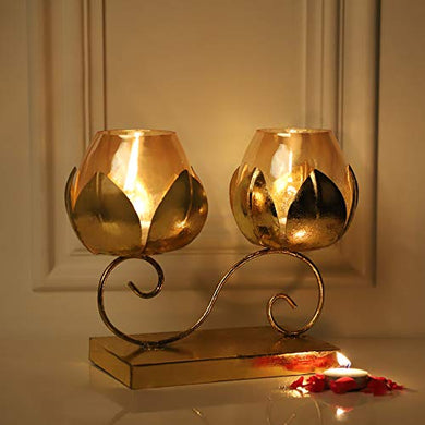 Gliteri Gallery Twin Lotus Metal Golden Crackle Glass Tea Light Candle Holder for Home Decoration Living Room Central Table Side Table Gifts Diwali (Height 8 inch X Length 10 inch) - Home Decor Lo