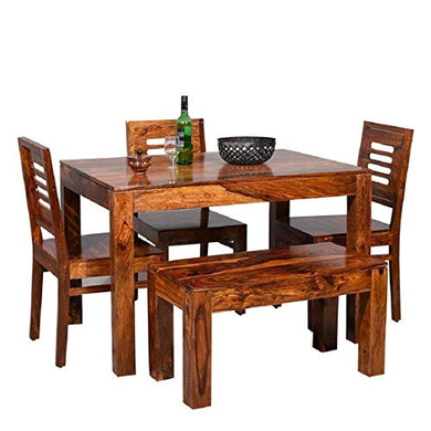 Eagle Furniture Wooden Solid Sheesham Wood Dining Table 4 Seater Dining Table Set with 3 Chairs & 1 Bench Dining Room Furniture Wood Dining Table 4 Seater | Honey Finish - Home Decor Lo