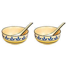 Load image into Gallery viewer, Kittens Handpainted Leaf-Stripe Pattern Ceramic Soup Bowls with Matching Spoons - Set of 2 - Home Decor Lo