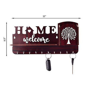 Aditya Handicrafts Welcome & Home Unique Key Holder With Mobile Holder & Charging Stand Cloth Toval & Mask Hanger Watch Wallet Showpiece Storage Self Wooden Handcrafted Home & Office Decoration (10 Hooks, Wooden) - Home Decor Lo