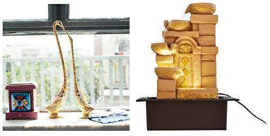 eCraftIndia Cute Love Birds Decorative Metal Figurine (15 cm X 5 cm X 33, Silver and Golden) & Gate and Steps Polystone Water Fountain (31 cm X 23 cm X 42 cm, Cream) Combo - Home Decor Lo