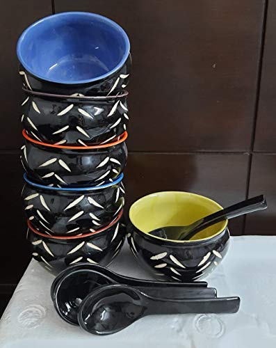 LOTUM Elegant Soup Bowls (Set of 6) with Same Color Spoons Made in India (Black Soup Bowls) - Home Decor Lo