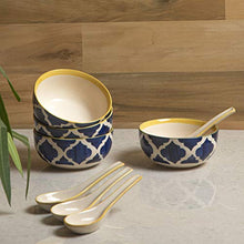 Load image into Gallery viewer, HS HINDUSTANI SAUDAGAR Ceramic Hand Painted Soup Bowls with Spoons, Set of 4 (Blue &amp; Yellow) - Home Decor Lo
