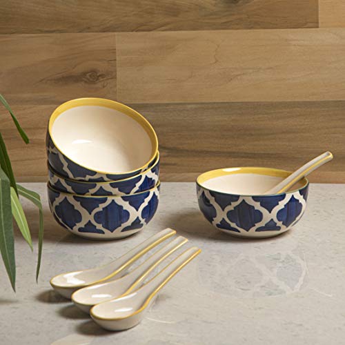 HS HINDUSTANI SAUDAGAR Ceramic Hand Painted Soup Bowls with Spoons, Set of 4 (Blue & Yellow) - Home Decor Lo