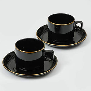 Femora Indian Ceramic Fine Bone China Handmade Black Gold Plated Tea Cup with Saucers (2 Cup, 2 Saucer) - Home Decor Lo