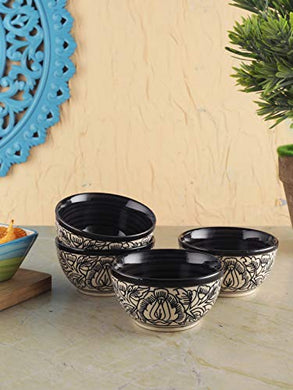 VarEesha Kalamkari Black & White Ceramic Veg Bowls/Katoris Set of Four - Home Decor Lo