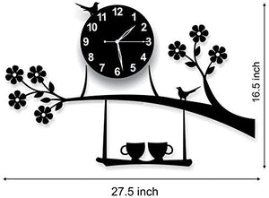 invision1 3D Acrylic Wall Clock Tree Bird Coffee Cup On Jhula Design for Living Room, Bedroom Wall, Home and Office - Black - Home Decor Lo