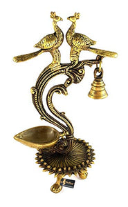Two Moustaches Brass Ethnic Carved Twin Peacock Design Over Diya (Yellow_5.5 Inch X 4 Inch X 12 Inch) - Home Decor Lo