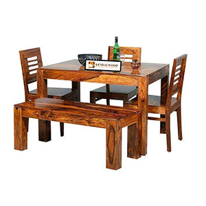 Hariom Handicraft Sheesham Wood Dining Table Set with 3 Chairs +1 Bench | Dining Room Furniture (Dark Honey Finish) - Home Decor Lo