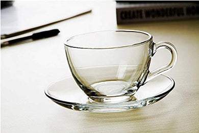 Chehar Superb Crystal Clear Classic Solid Glass Tea Cup with Saucer Handle, 180 ml,Set of (6) - Home Decor Lo