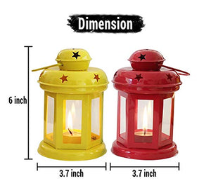 J MART Decor Iron Lantern/Lamp with t-Light Candle Hanging Light, T-Light Candle Holder Indoor/Outdoor Decor,Yellow & Red, Size :- (6 inch x 3. 7 Inch x 3. 7 Inch Each Lantern) Set of 2 Home Décor - Home Decor Lo