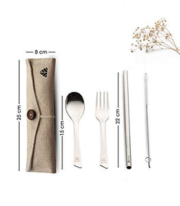 Minimo Rusabl (Earlier) Steelery Reusable Stainless Steel Cutlery Set. Ideal for Daily use, Gifting and Traveling (Contains : Spoon, Fork,Straw and Cleaner, Napkin, Jute Pouch) (Beige, Spoon + Fork) - Home Decor Lo