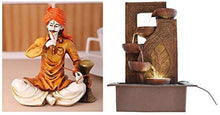 Load image into Gallery viewer, eCraftIndia Rajasthani Hookah Man Polyresin Statue (10 cm X 12.5 cm X 15 cm) &amp; Five Steps Polystone Water Fountain (31 cm X 23 cm X 42 cm, Brown) Combo - Home Decor Lo