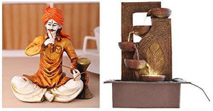 eCraftIndia Rajasthani Hookah Man Polyresin Statue (10 cm X 12.5 cm X 15 cm) & Five Steps Polystone Water Fountain (31 cm X 23 cm X 42 cm, Brown) Combo - Home Decor Lo
