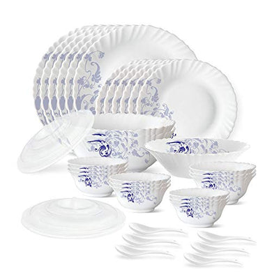 Larah by Borosil Blue Eve Silk Series Opalware Dinner Set, 35 Pieces, White