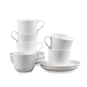 Clay Craft Ripple Impression Cup and Saucer Set, 12-Pieces, White (IMP-CS-RIPPLE-1001) - Home Decor Lo