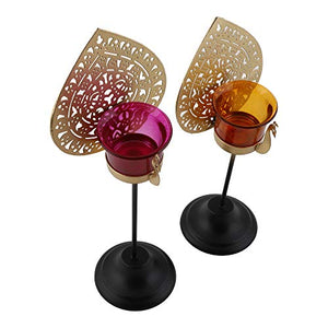 Gliteri Gallery Twin Peacock Metal (Pack of 2) Glass Votive Tea Light Candle Holder for Home Decoration Living Room Central Table Side Table Gifts Diwali (Height 8 inch and 13 inch) - Home Decor Lo
