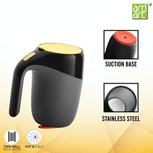 ARTIART Elephant Stainless Steel Grip Pad Suction Mug with Flip Top Lid | Patented Design & Suction Technology (Taiwan) | Vacuum Insulated, Hot & Cold for Tea, Coffee (400 Ml - Black) - Home Decor Lo