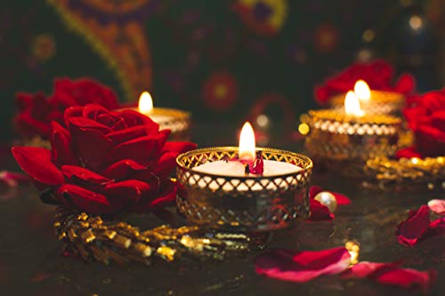 DEVU PARBAT Tea Light Candle Holder and Diwali Decoration Items Traditional Designer Golden Diya with Red Big Rose Flower for Home décor Set of 2 - Home Decor Lo