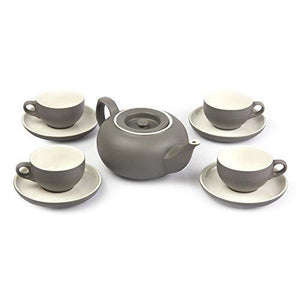 Te.Cha Porcelain Tea Pot Set with Cup and Saucer, Microwave Safe Teapot with 4 Cups and 4 Saucers Sets, Grey & White (500ML) - Home Decor Lo