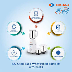 Bajaj GX-1 Mixer Grinder, 500W, 3 Jars - Home Decor Lo