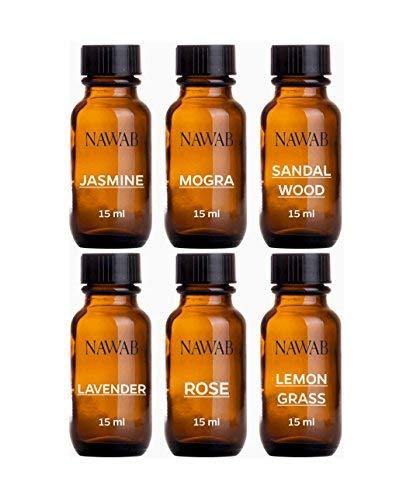 NAWAB Aroma Diffuser Oil (Lavender, Lemongrass, Rose, Jasmine, Sandalwood & Mogra - 15ml Each) Set of 6 - Home Decor Lo
