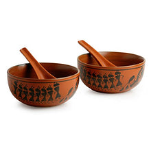 Load image into Gallery viewer, ExclusiveLane Warli Hand-Painted Kitchen Ceramic Soup Bowls with Spoons (Set of 2, 380 ML, Dishwasher &amp; Microwave Safe) - Home Decor Lo