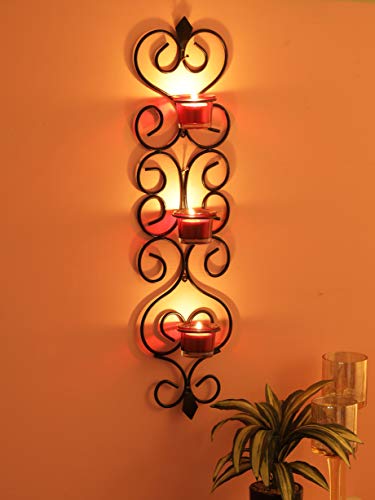 Home Sparkle Decorative Wall Sconce Tealight Candle Holder | Wall Hanging Tealight Candle Holder for Home Decor Balcony Decor with 3 Glass Cup (Black) - Home Decor Lo