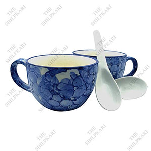 TSK Ceramic Modern Soup Bowl/Soup Cup Set with White Spoons - 350 ml, 2 Pieces, Blue - Home Decor Lo