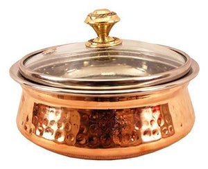 IndianArtVilla Hammered Steel Copper Handi Bowl with Glass Lid, Serveware & Tableware, 300 ML - Home Decor Lo