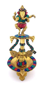 Two Moustaches Dancing Ganesha Gemstone Work Brass Oil Diya