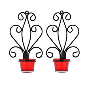 Saliha Art & handicrafts Modern Art Large Wall Sconce with Glass Votive Candle Tealight Holders,Set of 2,RED, Antique Metal Wall Scone Candles - Home Decor Lo