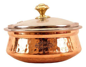 IndianArtVilla Hammered Steel Copper Handi Bowl with Glass Lid, Serveware & Tableware, 300 ML - Home Decor Lo