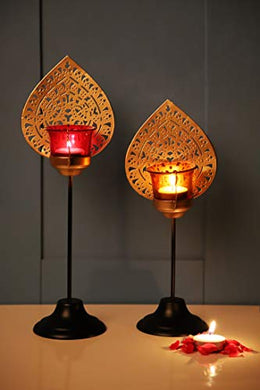 Gliteri Gallery Twin Peacock Metal (Pack of 2) Glass Votive Tea Light Candle Holder for Home Decoration Living Room Central Table Side Table Gifts Diwali (Height 8 inch and 13 inch) - Home Decor Lo