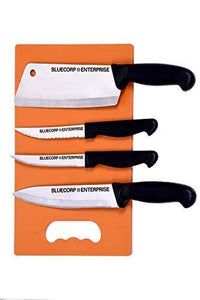 BLUECORP® ENTERPRISE Stainless Steel Kitchen Knives Set, Standard Kitchen Knife/Vegetable Knife/PARING Knife, 4 Piece Set with Chopping Board, Knife Sets (Orange) - Home Decor Lo