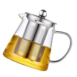 GL ENTERPRISE Glass Tea Kettle Heat Resistant Tea Pot with Stainless Steel Infuser Strainer for Coffee Juice Loose Leaf Tea (950ML with 4 Glass Cup) - Home Decor Lo