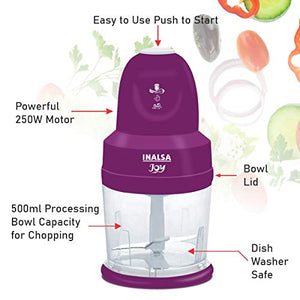 INALSA 4-in-1 Chopper Joy-250W Copper Motor, Chop, Mince,Puree,Whisk,850 ml Capacity, One Touch Operation, 1.30mtr Long Power Cord, (White/Purple) - Home Decor Lo
