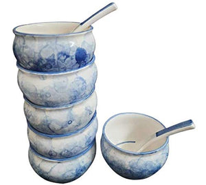 LOTUM Elegant 3D Blue Floral Soup Bowls (Set of 6) with Unique Spoons /Handmade in India - Home Decor Lo