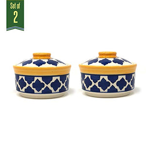 The Earth Store Ceramic Handcrafted Microwave Safe Moroccan Yellow Blue Dinner Serving Bowl/Donga/Casserole Set with Lid for Home Kitchen, Dining Table Serving Ware Storage Containers (Set of 2) - Home Decor Lo