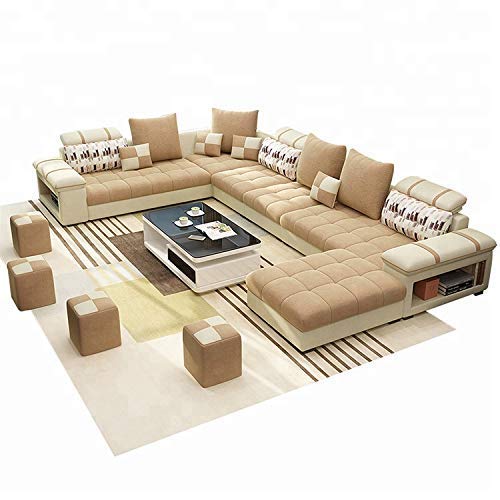 Quality Assure Furniture Hardwood Roland 9 Seater Fabric Sofa Set with 4-Puffy (Brown and Cream) - Home Decor Lo