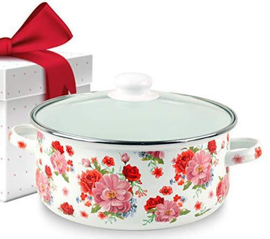 iBELL ND246 Decorative Enamel Casserole, 4 Litre, Gift Item with Sturdy Glass Lid, White - Home Decor Lo