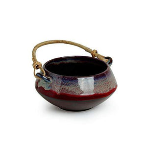 ExclusiveLane 'Sorcery Pot' Hand Glazed Ceramic Serving Biriyani & Vegetable Handi with Cane Handle (1150 ML) (Black, Crimson & Ombre Blue) - Home Decor Lo